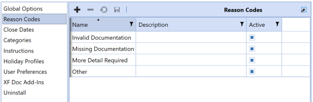 Reason Codes Settings Page